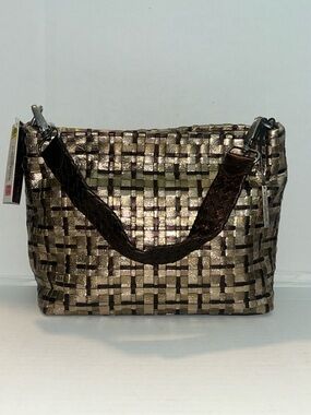 Elliott Lucca woven leather shoulder bag metallic brown & gold NEW